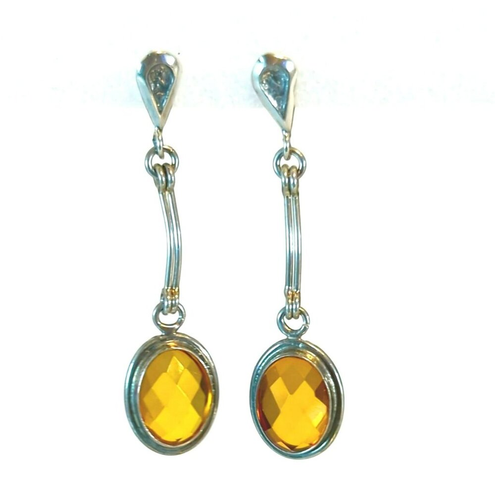 Vintage Sterling Silver Faceted Oval Amber Citrine Dangle Earrings